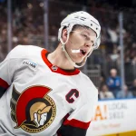 Mar 9, 2026; Vancouver, British Columbia, CAN; Ottawa Senators forward Brady Tkachuk (7) celebrates his goal against the Vancouver Canucks in the third period at Rogers Arena. Mandatory Credit: Bob Frid-Imagn Images