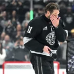Apr 11, 2026; Los Angeles, California, USA; Los Angeles Kings center Anze Kopitar (11) reacts after a game against the Edmonton Oilers at Crypto.com Arena. Mandatory Credit: Griffin Hooper-Imagn Images