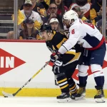 May 7, 2018; Pittsburgh, PA, USA; Pittsburgh Penguins center Evgeni Malkin (71) moves the puck against pressure from Washington Capitals left wing Alex Ovechkin (8) during the second period in game six of the second round of the 2018 Stanley Cup Playoffs at PPG PAINTS Arena. The Capitals won 2-1 in overtime to win the series 4 games to 2. Mandatory Credit: Charles LeClaire-Imagn Images