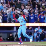 Apr 11, 2026; Toronto, Ontario, CAN; Toronto Blue Jays left fielder Jesus Sanchez (12) celebrates hitting a two run home run against the Minnesota Twins during the ninth inning at Rogers Centre.