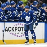 :Apr 11, 2026; Toronto, Ontario, CAN; Toronto Maple Leafs forward William Nylander (88) celebrates with teammates after scoring against the Florida Panthers in the second period at Scotiabank Arena. Mandatory Credit: Dan Hamilton-Imagn Images