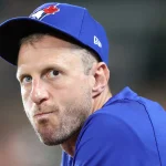 Jul 28, 2025; Baltimore, Maryland, USA; Toronto Blue Jays pitcher Max Scherzer (31) looks on during the ninth inning against the Baltimore Orioles at Oriole Park at Camden Yards. Mandatory Credit: Daniel Kucin Jr.-Imagn Images