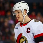 Mar 5, 2026; Calgary, Alberta, CAN; Ottawa Senators left wing Brady Tkachuk (7) skates against the Calgary Flames during the third period at Scotiabank Saddledome. Mandatory Credit: Sergei Belski-Imagn Images