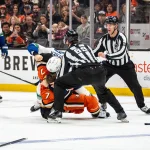 Apr 12, 2026; Anaheim, California, USA; Vancouver Canucks center Teddy Blueger (53) fights with Anaheim Ducks defenseman Radko Gudas (7) during the first period at Honda Center.