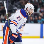 Nov 29, 2025; Seattle, Washington, USA; Edmonton Oilers center Leon Draisaitl (29) reacts after scoring a goal in the second period against the Seattle Kraken at Climate Pledge Arena. Mandatory Credit: Kevin Ng-Imagn Images