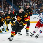 Oct 28, 2025; Vancouver, British Columbia, CAN; Vancouver Canucks forward Elias Pettersson (40) skates against the New York Rangers in the third period at Rogers Arena. Mandatory Credit: Bob Frid-Imagn Images