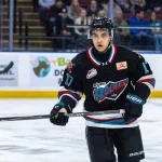 Kelowna Rockets forward Ty Halaburda playing in a game in the WHL.