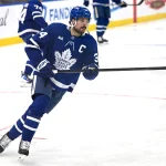 Jan 1, 2026; Toronto, Ontario, CAN; Toronto Maple Leafs forward Auston Matthews (34) warms up before playing the Winnipeg Jets at Scotiabank Arena. Mandatory Credit: Dan Hamilton-Imagn Images