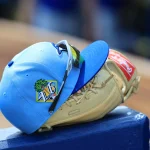 Feb 27, 2026; Port Charlotte, Florida, USA; A detail view of Toronto Blue Jays spring training hat during the first inning against the Tampa Bay Rays at Charlotte Sports Park.