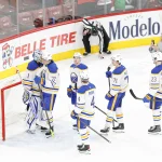 Apr 13, 2026; Chicago, Illinois, USA; Buffalo Sabres center Tage Thompson (72) celebrates with goaltender Ukko-Pekka Luukkonen (1) after defeating the Chicago Blackhawks at United Center. Mandatory Credit: Kamil Krzaczynski-Imagn Images