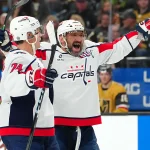 Nov 17, 2024; Las Vegas, Nevada, USA; Washington Capitals left wing Alex Ovechkin (8) celebrates with Washington Capitals defenseman John Carlson (74) after scoring a goal against the Vegas Golden Knights during the first period at T-Mobile Arena. Mandatory Credit: Stephen R. Sylvanie-Imagn Images