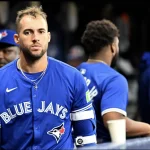 Sep 20, 2024; St. Petersburg, Florida, USA; Toronto Blue Jays right fielder George Springer (4) prepares for the start of the game against the Tampa Bay Rays at Tropicana Field. Mandatory Credit: Jonathan Dyer-Imagn Images