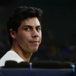 Sep 17, 2025; Milwaukee, Wisconsin, USA; Milwaukee Brewers designated hitter Christian Yelich (22) looks on from the dugout in the fourth inning against the Los Angeles Angels at American Family Field. Mandatory Credit: Benny Sieu-Imagn Images