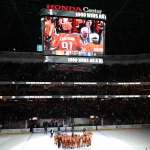 Feb 25, 2026; Anaheim, California, USA; General view of Anaheim Ducks head coach Joel Quenneville celebrates with his players after winning his 1,000th career coaching victory with a 6-5 win over the Edmonton Oilers at Honda Center.
