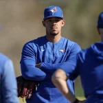 Feb 18, 2023; Dunedin, FL, USA; Toronto Blue Jays starting pitcher Jose Berrios (17) participates in spring workouts at the Blue Jays Player Development Complex. Mandatory Credit: Nathan Ray Seebeck-Imagn Images
