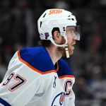 Apr 11, 2026; Los Angeles, California, USA; Edmonton Oilers center Connor McDavid (97) reacts against the Los Angeles Kings during the third period at Crypto.com Arena. Mandatory Credit: Griffin Hooper-Imagn Images