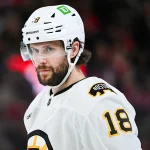 Mar 17, 2026; Montreal, Quebec, CAN; Boston Bruins center Pavel Zacha (18) looks on against the Montreal Canadiens during the second period at Bell Centre. Mandatory Credit: David Kirouac-Imagn Images