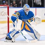 Apr 14, 2026; St. Louis, Missouri, USA; St. Louis Blues goaltender Jordan Binnington (50) defends the net during the third period against the Pittsburgh Penguins at Enterprise Center.