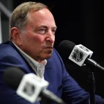 Feb 22, 2025; Los Angeles, California, USA; NHL commissioner Gary Bettman speaks during media availabilities before the Los Angeles Kings play against the Utah Hockey Club at Crypto.com Arena. Mandatory Credit: Gary A. Vasquez-Imagn Images