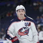 Mar 10, 2026; Tampa, Florida, USA; Columbus Blue Jackets defenseman Zach Werenski (8) warms up before a game against the before a game against the Tampa Bay Lightning at Benchmark International Arena. Mandatory Credit: Nathan Ray Seebeck-Imagn Images