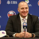 Nov 22, 2025; Elmont, New York, USA; New York Islanders General Manager Mathieu Darche speaks with fans at a pre-game event prior to the game against the St. Louis Blues at UBS Arena.