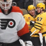 Jan 15, 2026; Pittsburgh, Pennsylvania, USA; Pittsburgh Penguins center Sidney Crosby (87) celebrates his goal with right wing Rickard Rakell (67) against the Philadelphia Flyers during the third period at PPG Paints Arena.