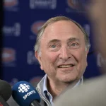 Oct 14, 2024; Montreal, Quebec, CAN; NHL commissioner Gary Bettman gives a press conference before the game between the Pittsburgh Penguins and the Montreal Canadiens at the Bell Centre. Mandatory Credit: Eric Bolte-Imagn Images
