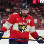 Jun 12, 2025; Sunrise, Florida, USA; Florida Panthers forward Aleksander Barkov (16) skates between play during the third period against the Edmonton Oilers in game four of the 2025 Stanley Cup Final at Amerant Bank Arena. Mandatory Credit: Jim Rassol-Imagn Images