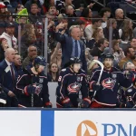 Apr 4, 2026; Columbus, Ohio, USA; Columbus Blue Jackets head coach Rick Bowness signals goalie Jet Greaves (73) to the bench against the Winnipeg Jets during the third period at Nationwide Arena. Mandatory Credit: Russell LaBounty-Imagn Images