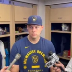 Milwaukee Brewers reliever Tyler Megill in a postgame interview with the reporters