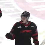 Soo Greyhounds\' Jordan Charron celebrating a goal in the fourth game of the series against the Kitchener Rangers in the OHL.