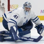 Apr 2, 2026; San Jose, California, USA; Toronto Maple Leafs goaltender Anthony Stolarz (41) defends the goal during the second period against the San Jose Sharks at SAP Center at San Jose. Mandatory Credit: Stan Szeto-Imagn Images