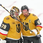 Apr 13, 2026; Las Vegas, Nevada, USA; Vegas Golden Knights right wing Mark Stone (61) congratulates goaltender Carter Hart (79) after the Golden Knights defeated the Winnipeg Jets 6-2 at T-Mobile Arena. Mandatory Credit: Stephen R. Sylvanie-Imagn Images