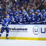 Apr 13, 2026; Tampa, Florida, USA; Tampa Bay Lightning center Jake Guentzel (59) reacts after scoring a goal against the Detroit Red Wings in the second period at Benchmark International Arena.