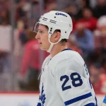 Dec 2, 2025; Sunrise, Florida, USA; Toronto Maple Leafs defenseman Troy Stecher (28) looks on against the Florida Panthers during the first period at Amerant Bank Arena