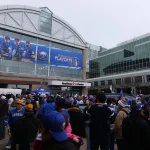 Apr 19, 2026; Buffalo, New York, USA; Fans wait for the doors to open before a game between the Buffalo Sabres and the Boston Bruins in game one of the first round of the 2026 Stanley Cup Playoffs at KeyBank Center. Mandatory Credit: Timothy T. Ludwig-Imagn Images