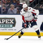 Apr 14, 2026; Columbus, Ohio, USA; Washington Capitals left wing Alex Ovechkin (8) wrists a shot on goal against the Columbus Blue Jackets during the third period at Nationwide Arena. Mandatory Credit: Russell LaBounty-Imagn Images