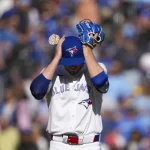 Aug 31, 2025; Toronto, Ontario, CAN; Toronto Blue Jays pitcher Jeff Hoffman (23) holds his head during the ninth inning in their MLB game against the Milwaukee Brewers at Rogers Centre. Mandatory Credit: Kevin Sousa-Imagn Images