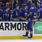 Apr 19, 2026; Buffalo, New York, USA; Buffalo Sabres center Tage Thompson (72) celebrates his second goal of the game with teammates during the third period against the Boston Bruins in game one of the first round of the 2026 Stanley Cup Playoffs at KeyBank Center. Mandatory Credit: Timothy T. Ludwig-Imagn Images