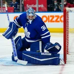 Mar 27, 2022; Toronto, Ontario, CAN; Toronto Maple Leafs goaltender Petr Mrazek (35) goes to make a glove save against the Florida Panthers at Scotiabank Arena. Mandatory Credit: John E. Sokolowski-Imagn Images