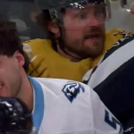 Apr 19, 2026; Las Vegas, Nevada, USA; Vegas Golden Knights defenceman Rasmus Andersson complains to the officials after being head-butted by Utah\'s Sean Durzi during Game One of Round One of the Stanley Cup Playoffs.