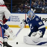 31 mars 2026�; Tampa, Floride, �tats-Unis�; le gardien de but du Lightning de Tampa Bay, Andrei Vasilevskiy (88), bloque un tir au but en deuxi�me p�riode contre le Canadien de Montr�al � la Benchmark International Arena.