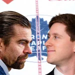 Apr 20, 2025; Toronto, Ontario, CAN; The Toronto Maple Leafs logo at center ice before game one of the first round of the 2025 Stanley Cup Playoffs against the Ottawa Senators at Scotiabank Arena. (Ryan Martin and Evan Gold insert) Mandatory Credit: John E. Sokolowski-Imagn Images