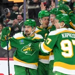 Mar 14, 2026; Saint Paul, Minnesota, USA; Minnesota Wild forward Matt Boldy (12) celebrates his power play goal against the New York Rangers with forward Mats Zuccarello (36) and forward Joel Eriksson Ek (14) and forward Kirill Kaprizov (97) during the second period at Grand Casino Arena.