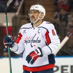 Apr 5, 2026; New York, New York, USA; Washington Capitals left wing Alex Ovechkin (8) skates against the New York Rangers during the second period at Madison Square Garden.