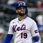 Apr 8, 2026; New York City, New York, USA; New York Mets shortstop Bo Bichette (19) reacts after striking out against the Arizona Diamondbacks during the seventh inning at Citi Field. Mandatory Credit: John Jones-Imagn Images