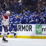 Apr 19, 2026; Tampa, Florida, USA; Tampa Bay Lightning forward Brandon Hagel (38) high fives the bench after a goal against the Montreal Canadiens during the second period in game one of the first round of the 2026 Stanley Cup Playoffs at Benchmark International Arena. Mandatory Credit: Morgan Tencza-Imagn Images