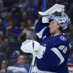 13 avril 2026 ; Tampa, Floride, �tats-Unis ; le gardien de but du Lightning de Tampa Bay, Andrei Vasilevskiy (88), observe le jeu face aux Red Wings de Detroit lors de la deuxi�me p�riode � la Benchmark International Arena.