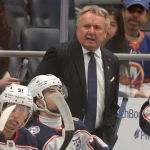 Mar 22, 2026; Elmont, New York, USA; Columbus Blue Jackets head coach Rick Bowness coaches against the New York Islanders during the first period at UBS Arena. Mandatory Credit: Brad Penner-Imagn Images