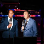 Jun 15, 2024; Edmonton, Alberta, CAN; Sportsnet host David Amber (left) and NHL Insider Elliotte Friedman (right) prior to the game between the Edmonton Oilers and the Florida Panthers in game four of the 2024 Stanley Cup Final at Rogers Place. Mandatory Credit: Sergei Belski-Imagn Images